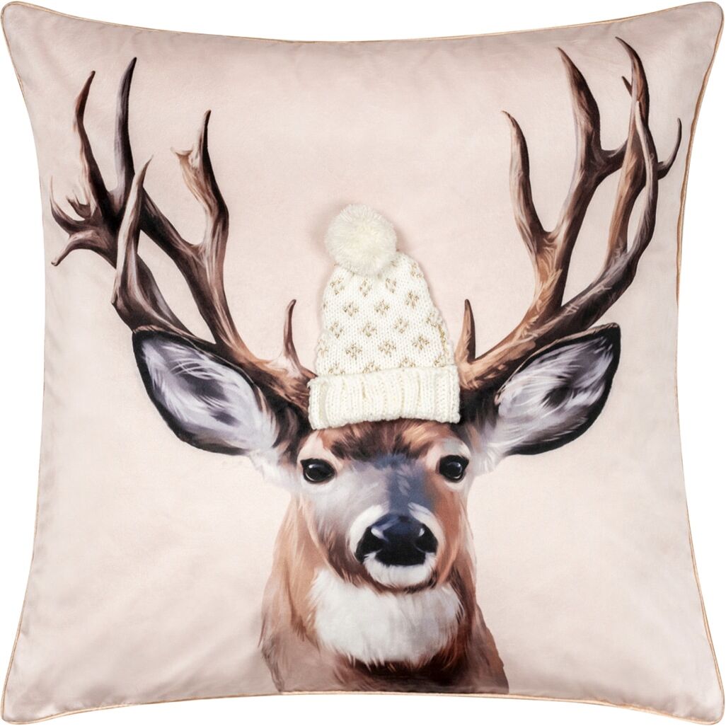Dekokissen PAD "REINDEER", beige (gold, gemustert), B:50cm L:50cm, Polyester, Dekokissen_Sitzkissen_Kissenhüllen, Samtkissen mit Strickmütze und verspieltem Rentier-Design