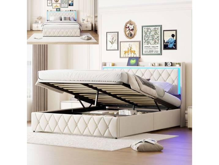 Lit 160x200 cm - NMONET - LED - tissu en velours - cadre de lit double 160x200 cm - beige