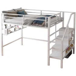 MODFU Hochbett 140x200 mit Stauraumleiter und kreativen Einlegeböden, Weiß – Multifunktionales Design für zimmer