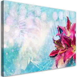 WANDBILD rosa blumen auf blauem hintergrund