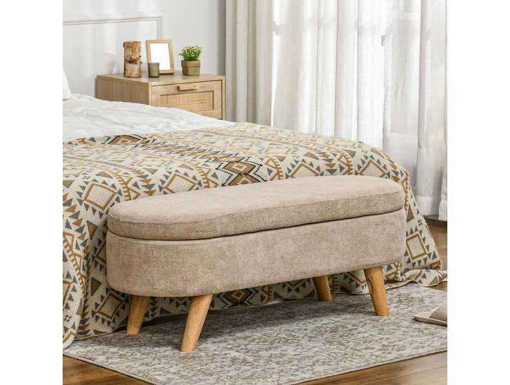 HOMCOM Banc Coffre Tissu Beige Pieds Bois 110x40x43 cm