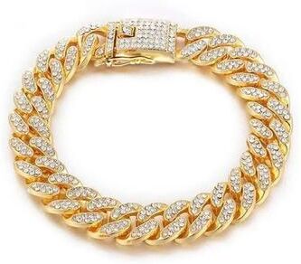 Uplift Essentials Luxury Rhinestone Cuban Link Dog Collar Heavy Duty Stainless Steel Jewelry For Pets gold 22 In