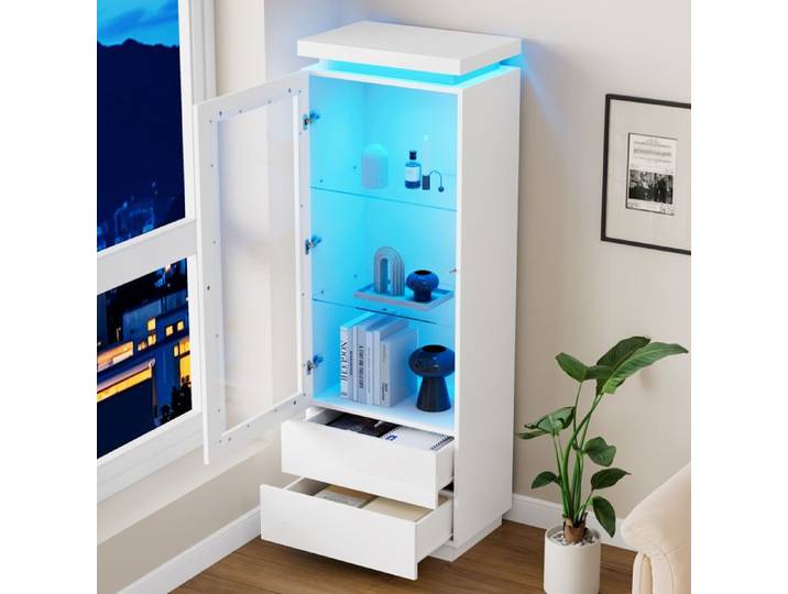 MODENUIT Vitrine 60x40x171 cm avec armoire vitrée 2 tiroirs étagères en verre éclairage LED panneau de particules Blanc