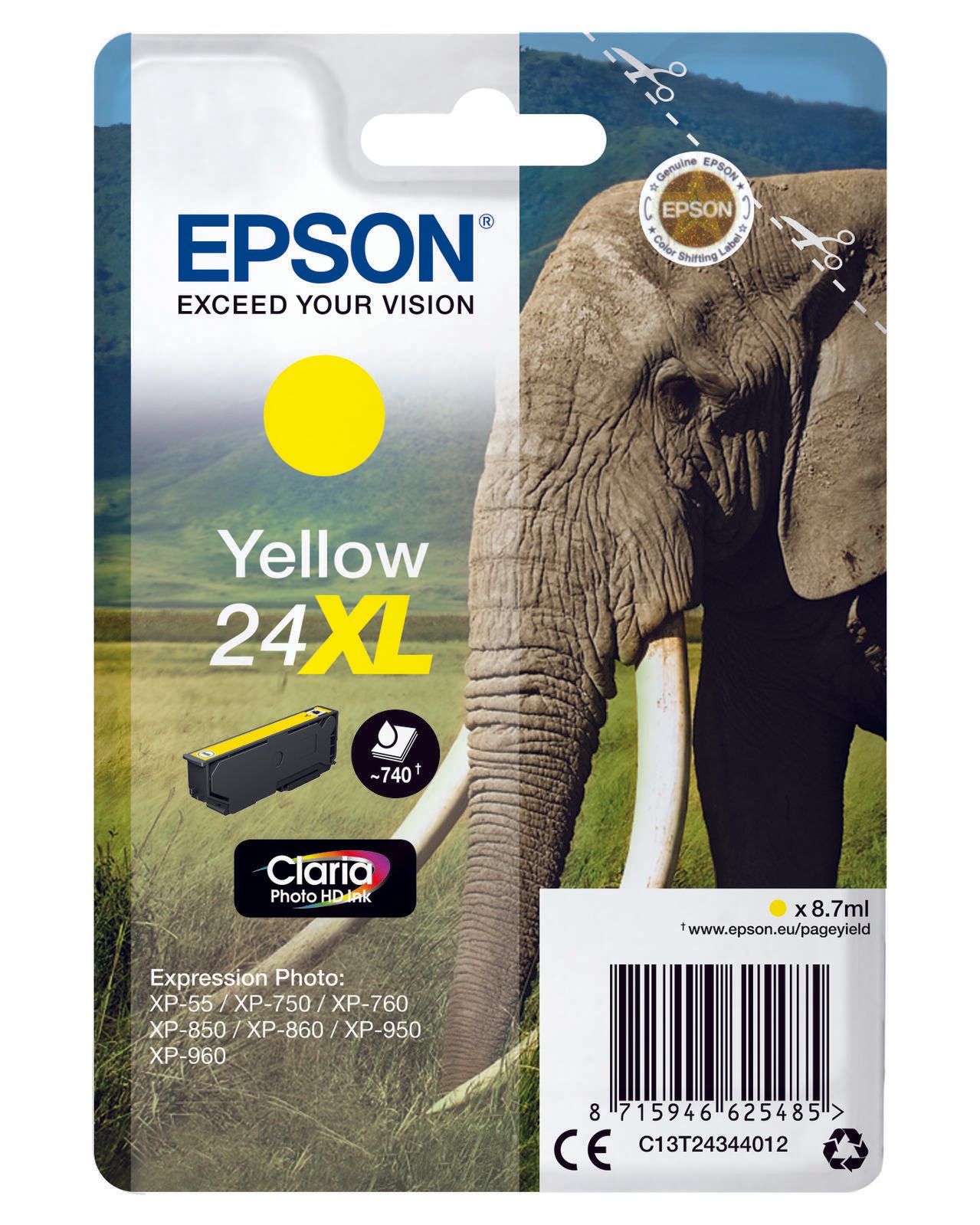 Epson Original 24XL Elefant Druckerpatrone gelb 740 Seiten 9ml (C13T24344012)