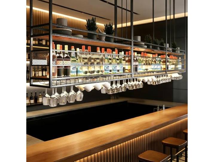amhricho Deckenregal Weinregal, 2-Lagiger Industrieller Hängender Weinflaschenhalter mit Glashalter, Metall-Deckenregal für Bar Café Küche, Schwarz, 160 * 30 * 50+40CM
