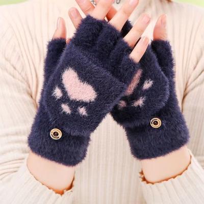 Perfect Picks Market Warm Cat Claw Paw Plush Mittens For Women Soft Fingerless Winter Gloves, Cozy And Cute navy Blue