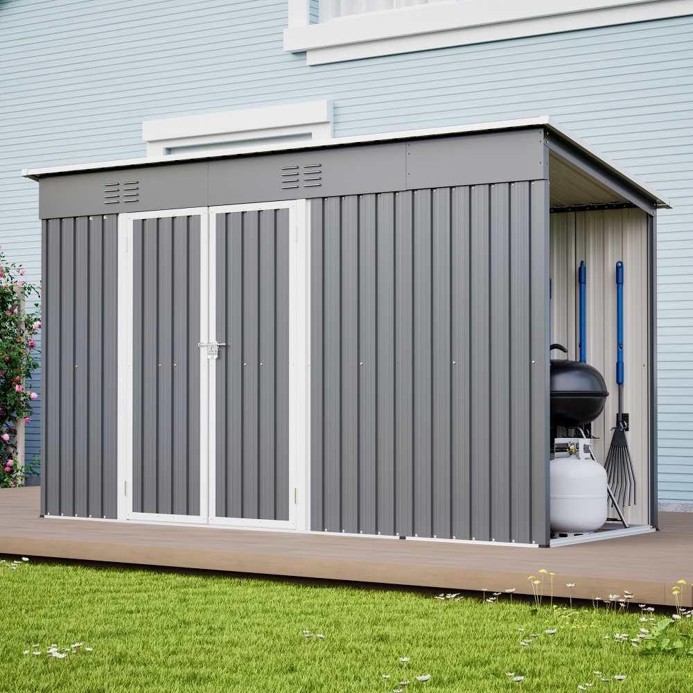 AIORBER Metall Gerätehaus 311x123x181 cm Gartenschuppen mit Doppeltür Schloss Belüftung wetterfest verzinkter Stahl verstärkter Rahmen Grau