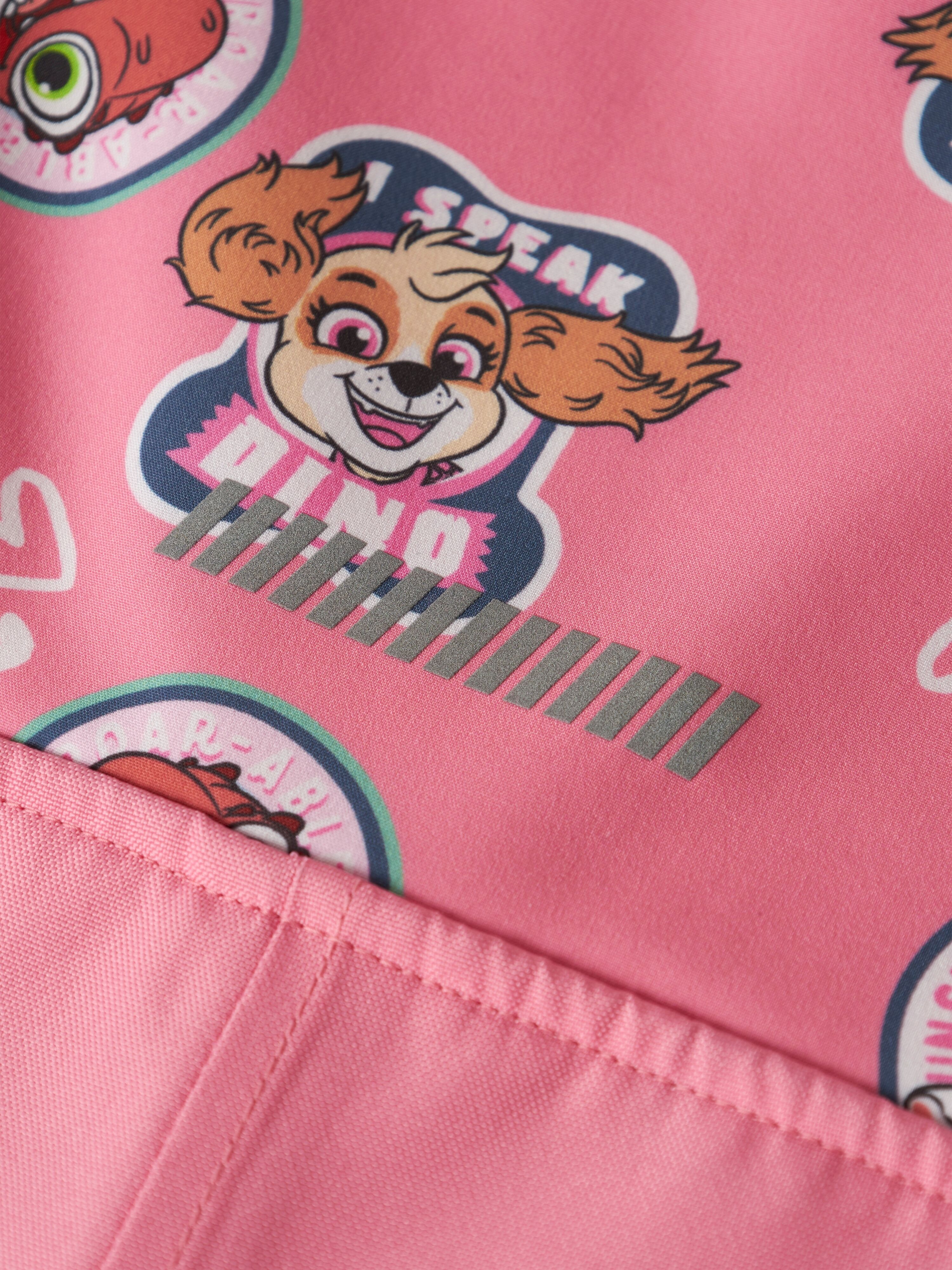 Softshelloverall NAME IT "NMFALFA08 PAW SOFTSHELL SUIT NOOS CPLGM", Mädchen, Gr. 98, N-Gr, pink (flowering ginger), Softshell, Obermaterial: 94% Polyester, 6% Elasthan, bedruckt, lang, Overalls Softshelloverall, Materialmix mit abnehmbarer Kapuze und refl