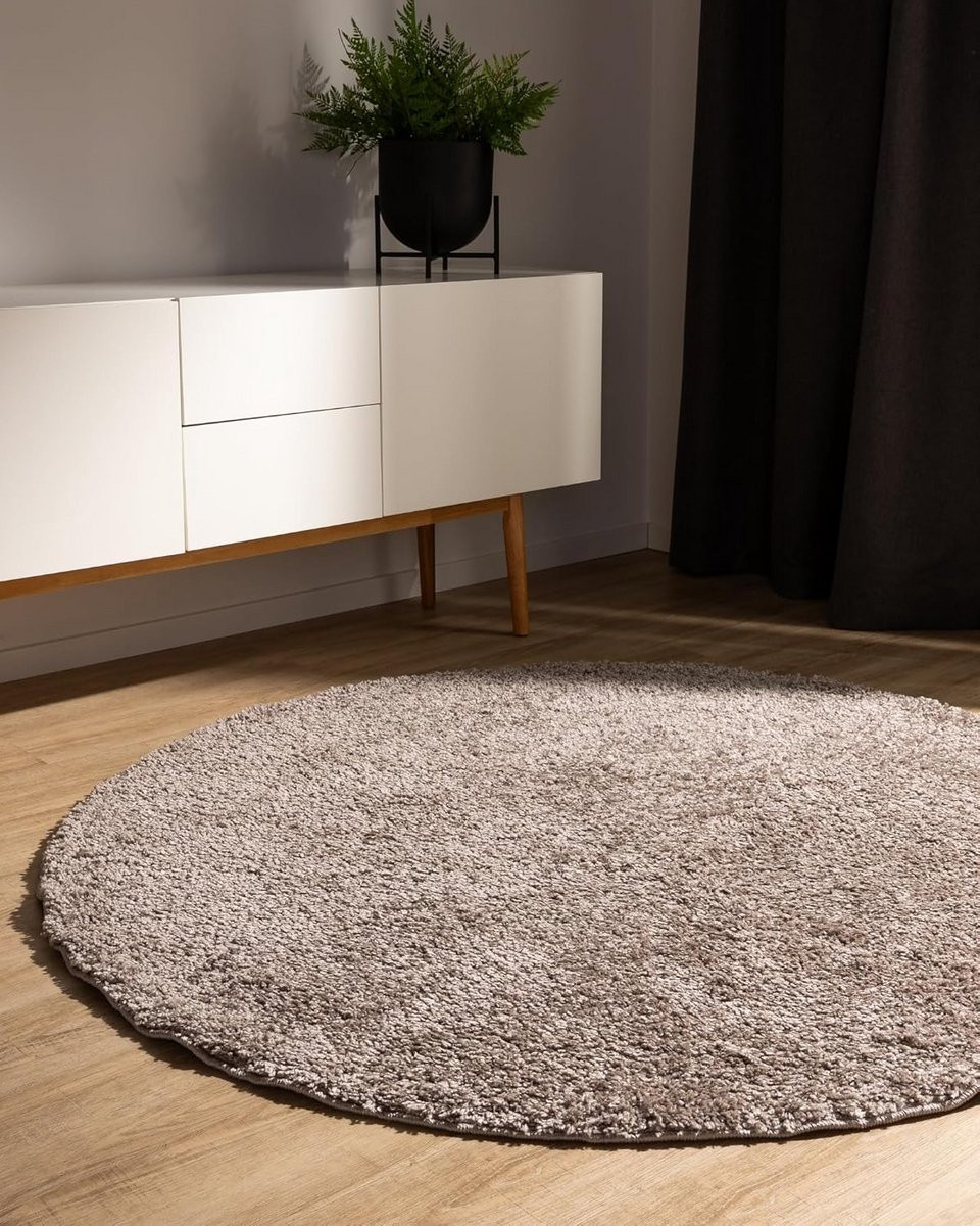 Benuta Basic High Pile Vloerkleed Sohari Taupe Rond 120 cm