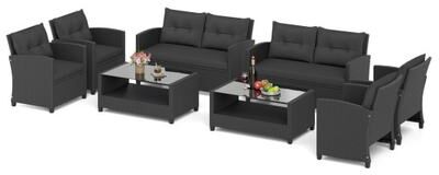 Costway Set of 2 8 Pieces Patio Rattan Conversation Furniture Set with Glass Top Coffee Table-Black