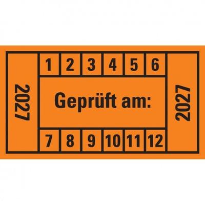 Dreifke® Prüfplakette Geprüft am: 2027, orange, Dokumentenfolie, 45x25mm, 12 St/Bogen