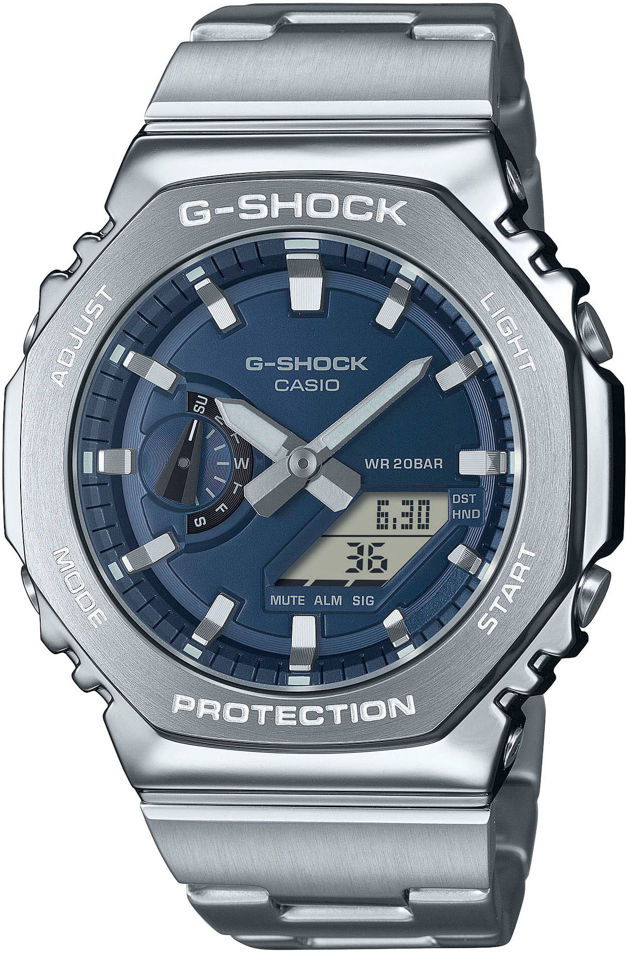 Chronograph CASIO G-SHOCK, silber (jeansblau, silberfarben, dunkelblau, grau), Armbanduhren, Herren, silberfarben, Chronograph, Quarzuhr Armbanduhr,Herren,digital,bis 20bar wasserd.,Edelstahlarmband