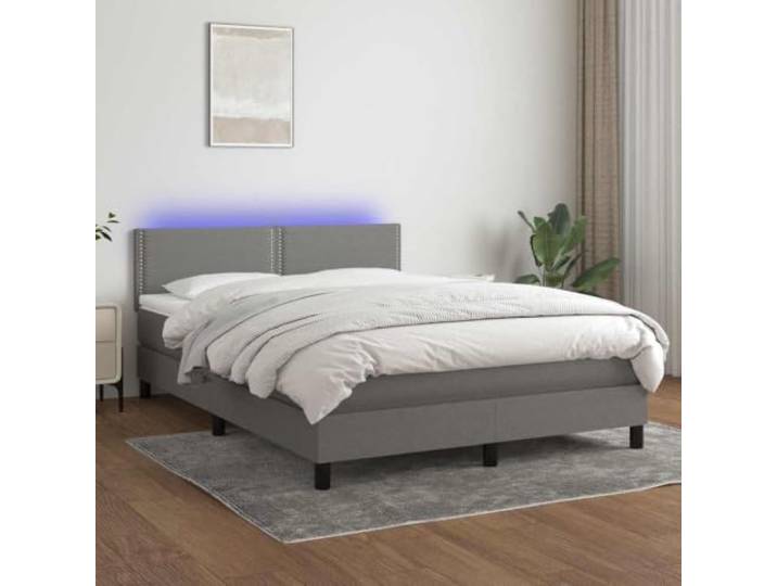 KFPOERTFGD Boxspringbett mit LED, 140x200 cm, Dunkelgrau, Taschenfederkern Inklusive Topper, Höhenverstellbares Kopfteil, Strapazierfähiger Bezug