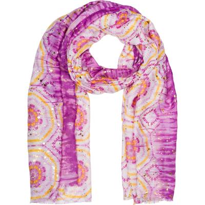 Schal STYLEBREAKER "Schal mit Batik Muster Metallic", Damen, lila (violett, gelb), Obermaterial: 80% Viskose CV. 20% Baumwolle CO., Modisch, Modetücher Schal