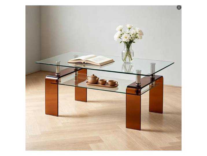Table basse 2 niveaux en verre trempé -Table moderne avec brune pieds verre Table dappoint Rectangulaire 100x55x45cm salon Table thé