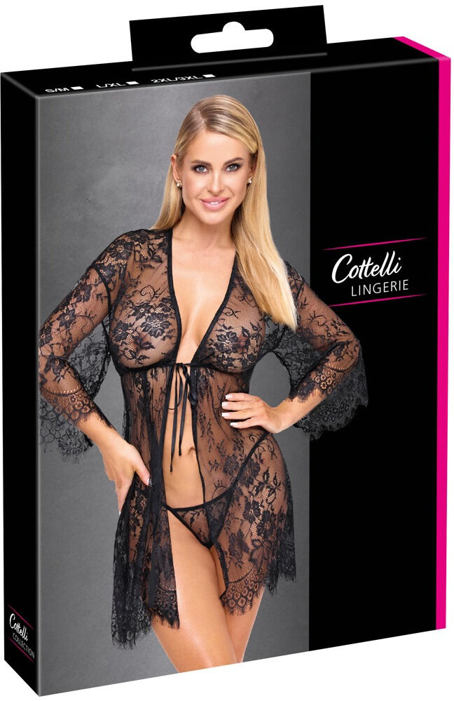 Cottelli LINGERIE Kimono court en dentelle transparente noire avec string