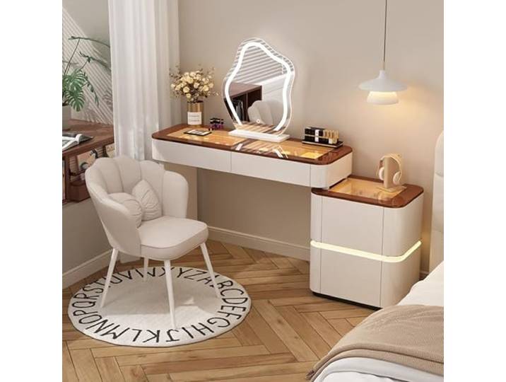 Knjlwa Schminktisch mit 4 Schubladen, weißes Schminktisch-Set mit Hocker und Rückenlehnen, Schminktisch für das Schlafzimmer 100x40x75cm