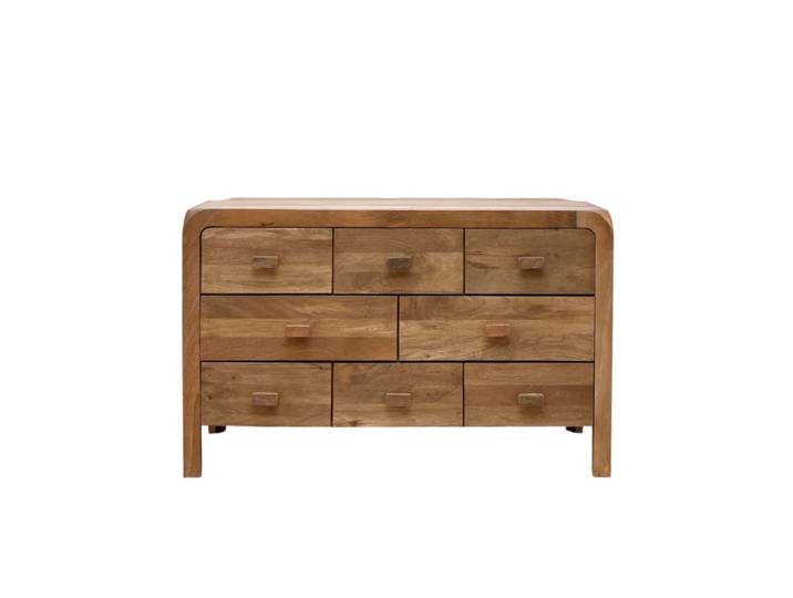 Buffet à 8 tiroirs en bois de manguer masif naturel avec pieds en bois