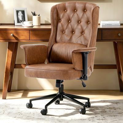 XINMICS Traditional Executive Office Chair with Adjustable Armrests, Button-Tufted Faux Leather High Back Desk Chair with Pillow - N/A