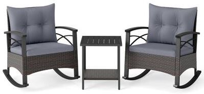 Costway 3 Piece Rocking Bistro Set PE Rattan Rocker Chairs with Acacia Wood Top Table-Gray