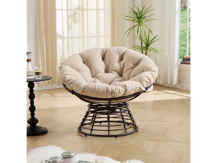 Fauteuil Papasan 92x92x67cm Osier Pivotant 360°Coussin Épais Confortable Marron Beige Salon Lecture