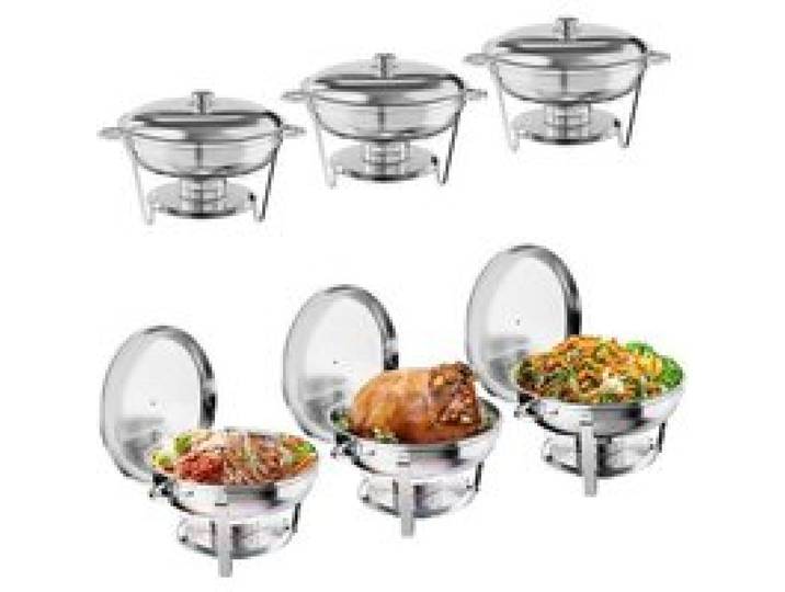 Set de 6 bacs ronds pour buffet 5 QT Chaudron à nourriture inox complet 6 réchauds avec couvercle cadre bacs eau & aliments