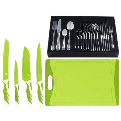 Besteck-Set KING "»BAS« inkl. Etui, 4 Küchenmesser und 1 Schneidebrett", grün, 36 Stk., Edelstahl 18/0, Essbesteck-Sets