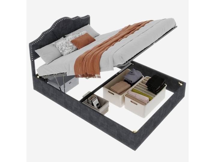 Lit coffre Logidon 160x200 avec rangements et vérin à gaz tissu gris