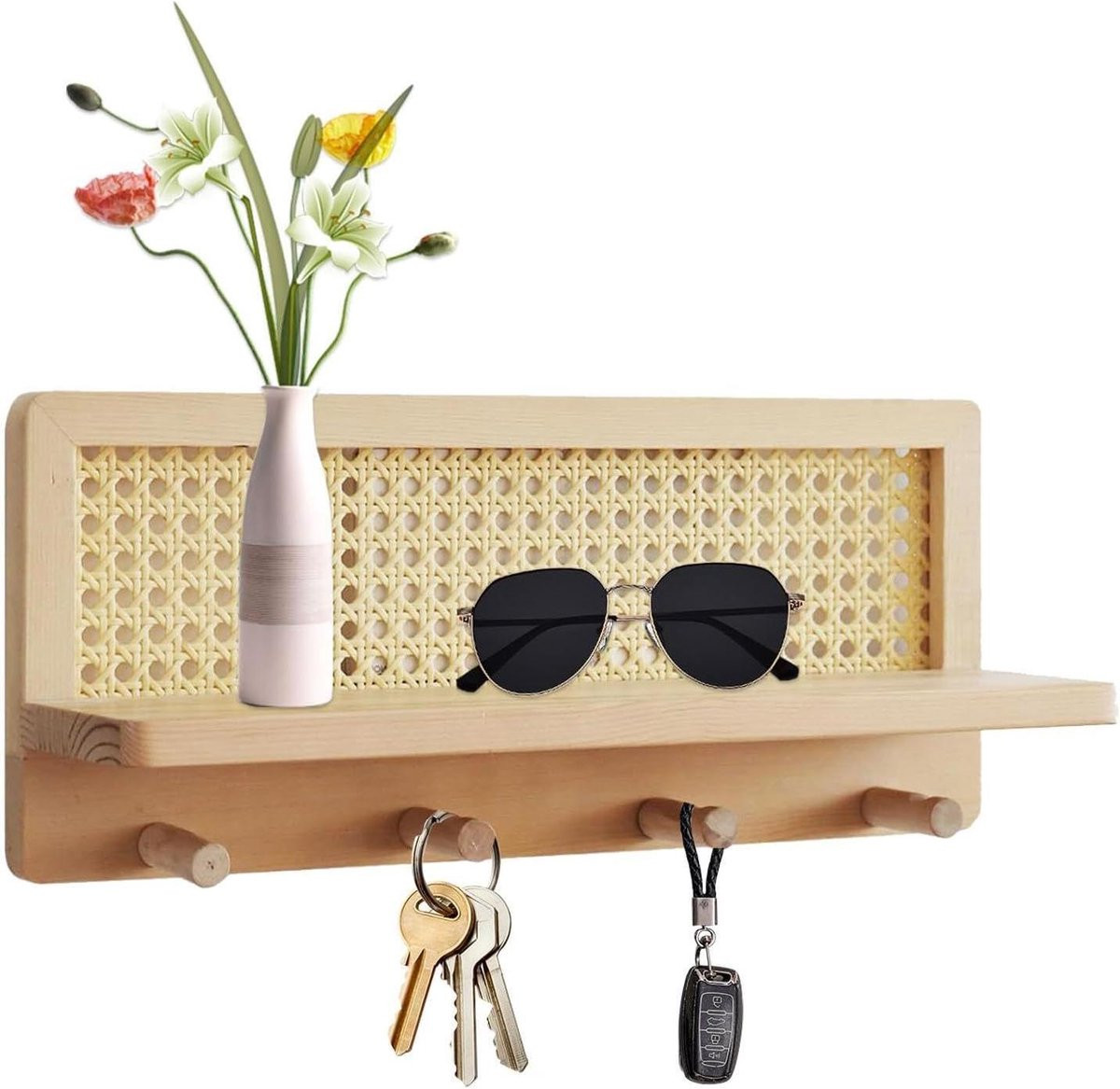 Boho Houten Wandplank met Haken - Rotan en Hout Wanddecoratie en Opbergrek