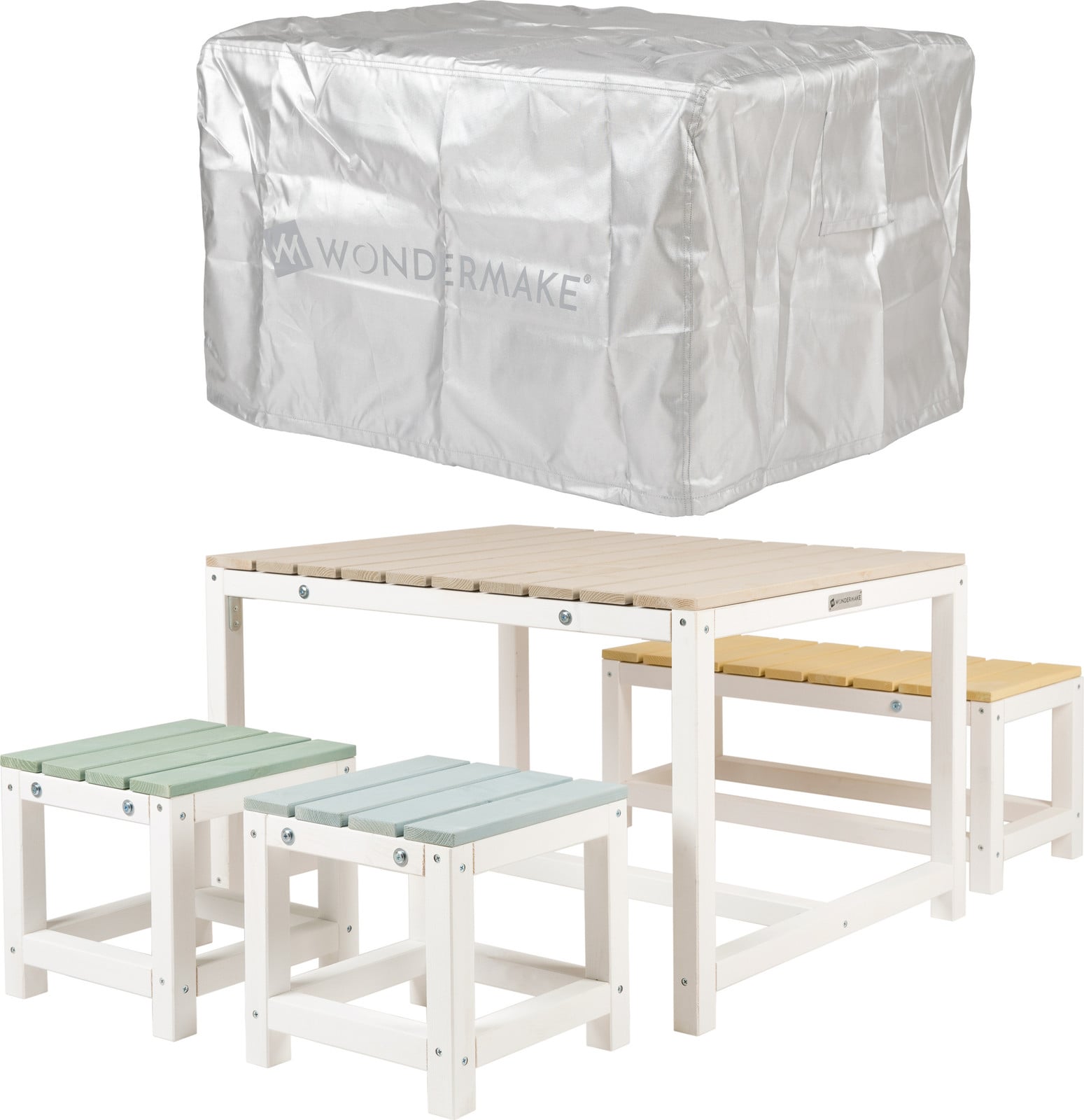 WONDERMAKE Design kinderspeelset voor buiten en binnen, houten picknickset met afdekking, wit en kleurrijk