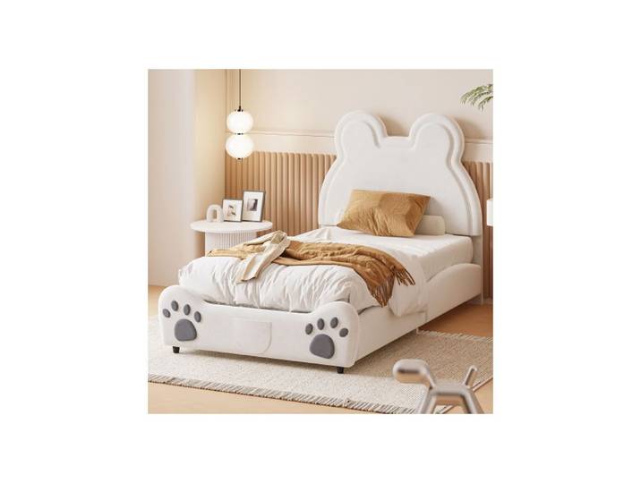 Lit enfant - SOGEU - Lit rembourré 90x200cm blanc ourson - Tête de lit ourson - Velours blanc - Sommier à lattes inclus