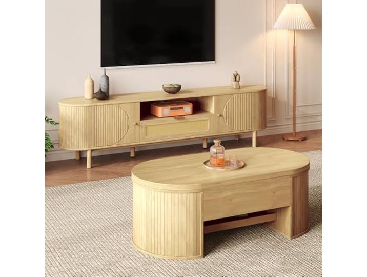 Merax Wohnzimmerset mit TV-Schrank & höhenverstellbarem Couchtisch, Rattan-Details – modern, Holzfarbe