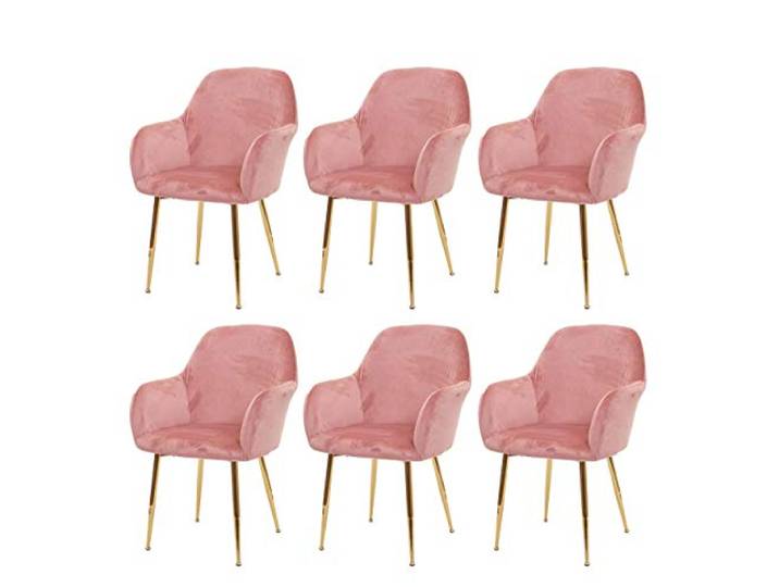Mendler 6er-Set Esszimmerstuhl HWC-F18 - Samt Altrosa, goldene Beine