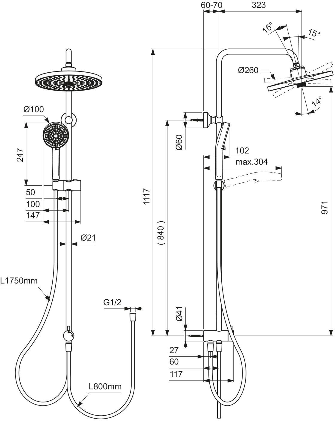 Ideal Standard 25+ Duschsystem ohne Armatur mit 2 Funktions-Handbrause und 2 Funktions-Kopfbrause