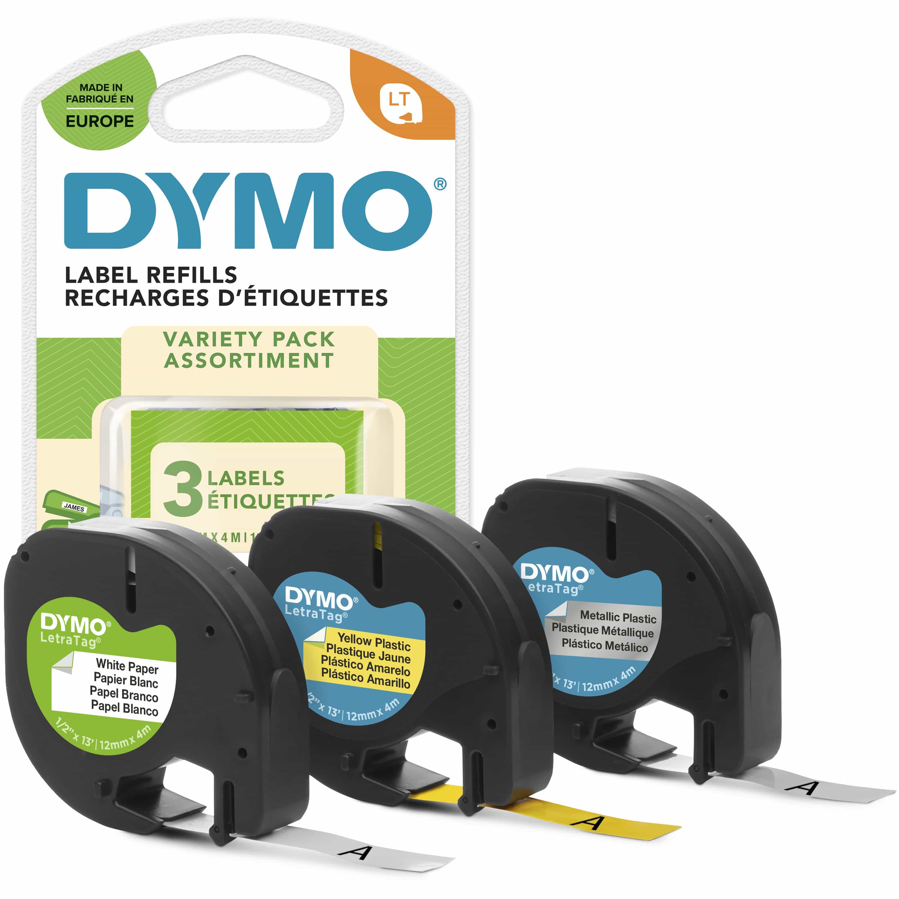 DYMO Original LetraTag Etikettenband | Papier/Kunststoff/Metall | 12 mm x 4 m | selbstklebendes Etiketten | für LetraTag-Beschriftungsgerät | 3 Etikettenkassetten S0721800