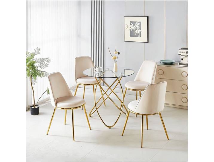 Ensemble Table et Chaises avec 1 Table et 4 Chaises - YEAVIO - Dossiers Hauts et Pieds Dorés - Velours et Métal - Blanc Crème
