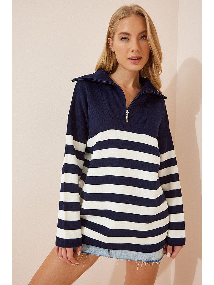 Cool and sexy Pullover in Dunkelblau/ Weiß - onesize