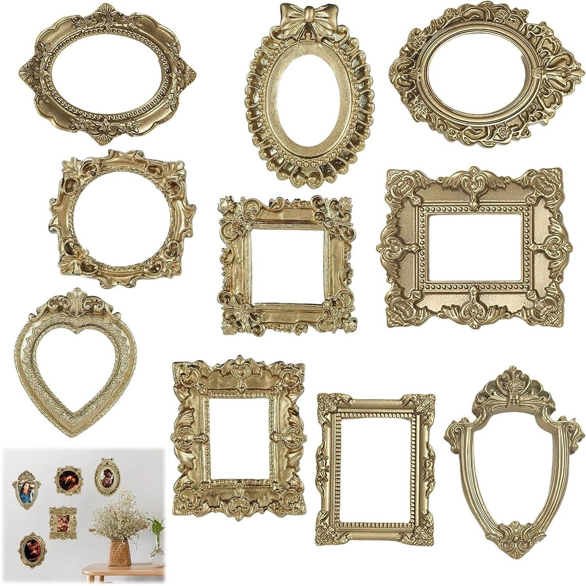 Set van 10 Mini Fotolijstjes in Vintage Barokstijl - Goud