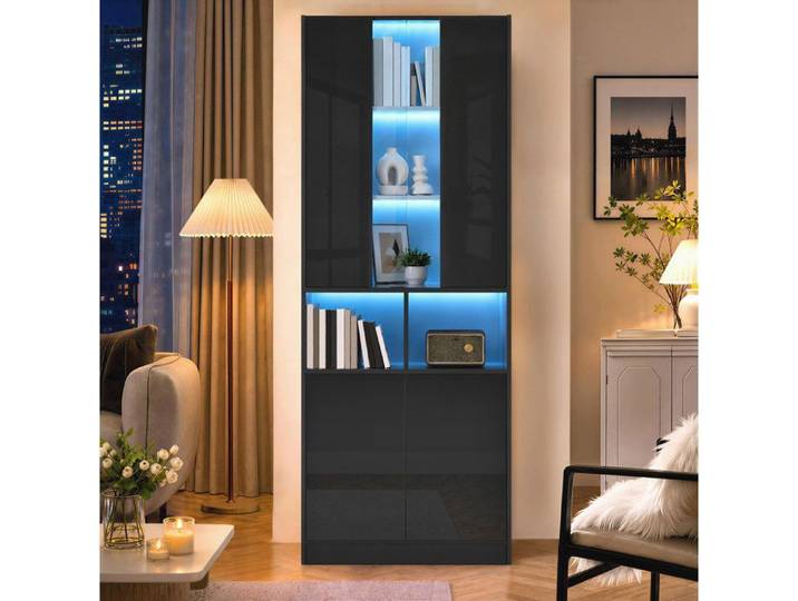 COVREO Armoire haute vitrine 70 x 35 x 180 cm LED contrôlable par application fenêtre acrylique noir brillant