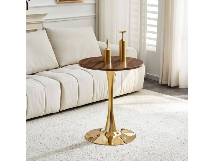 Table d'appoint Ronde BELLEMAVE 60 cm Petite Table à Manger MDF Finition noyer Pieds dorés