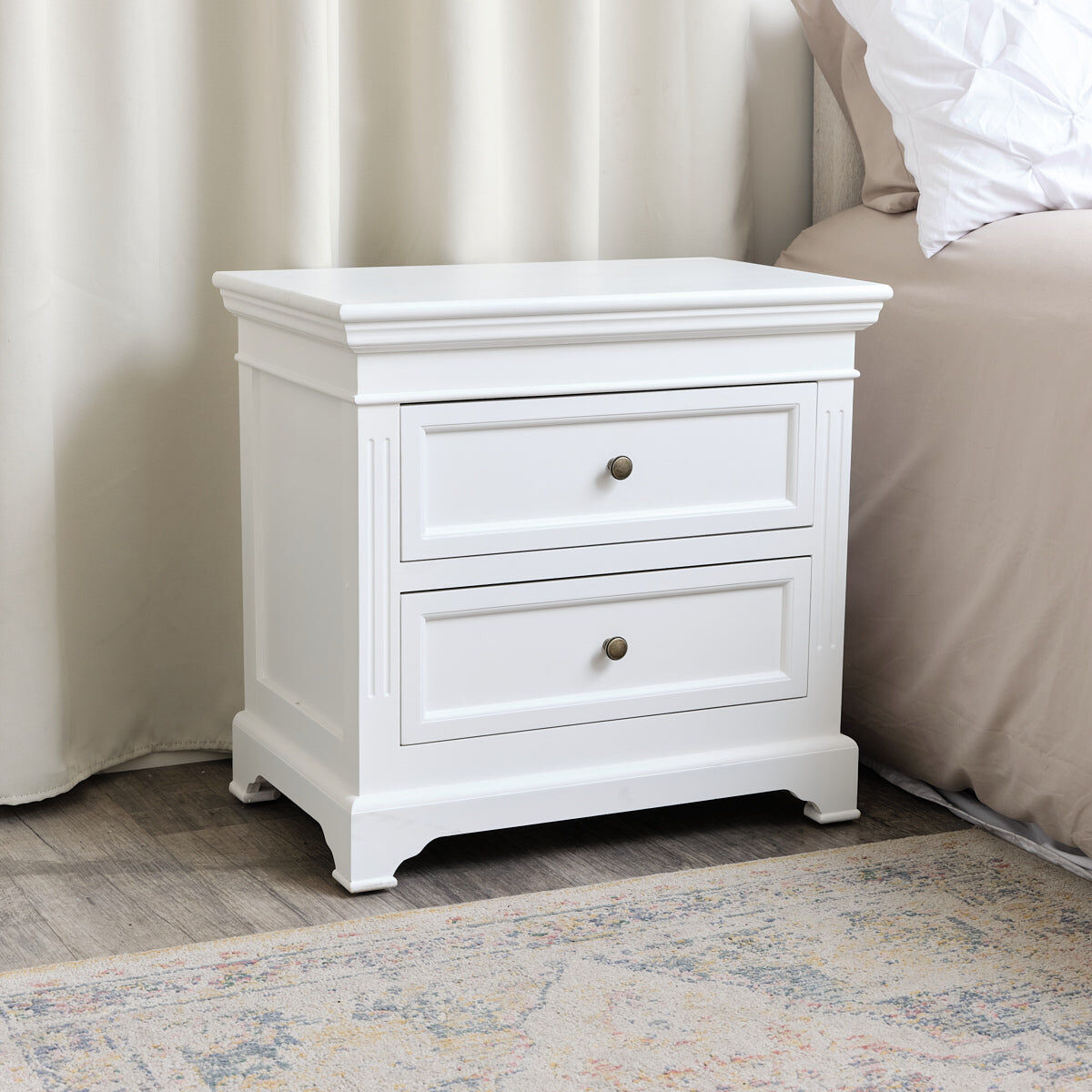 Large White Two Drawer Bedside Table - Daventry White Range Wood, Metal
