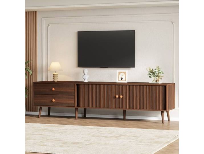 Meuble TV 180×40×46 5 cm meuble TV de salon avec 2 tiroirs et 2 portes coulissantes - Couleur noyer