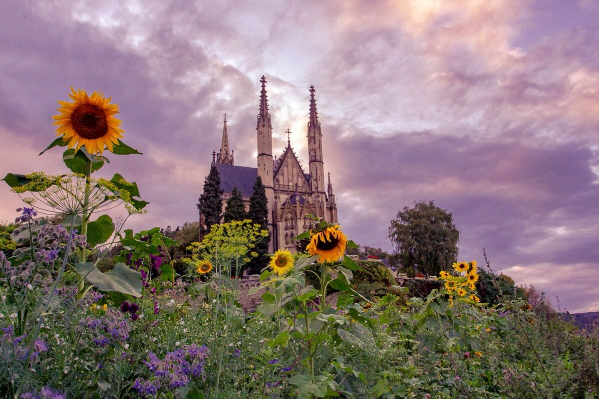 Fototapete PAPERMOON "Kirche im Sonnenblumenfeld", bunt, B:1,5m L:1,11m, Vlies, Tapeten, Fototapete bunt B/L: 1,5m x 1,11m, Bahnen: 7 Stk.