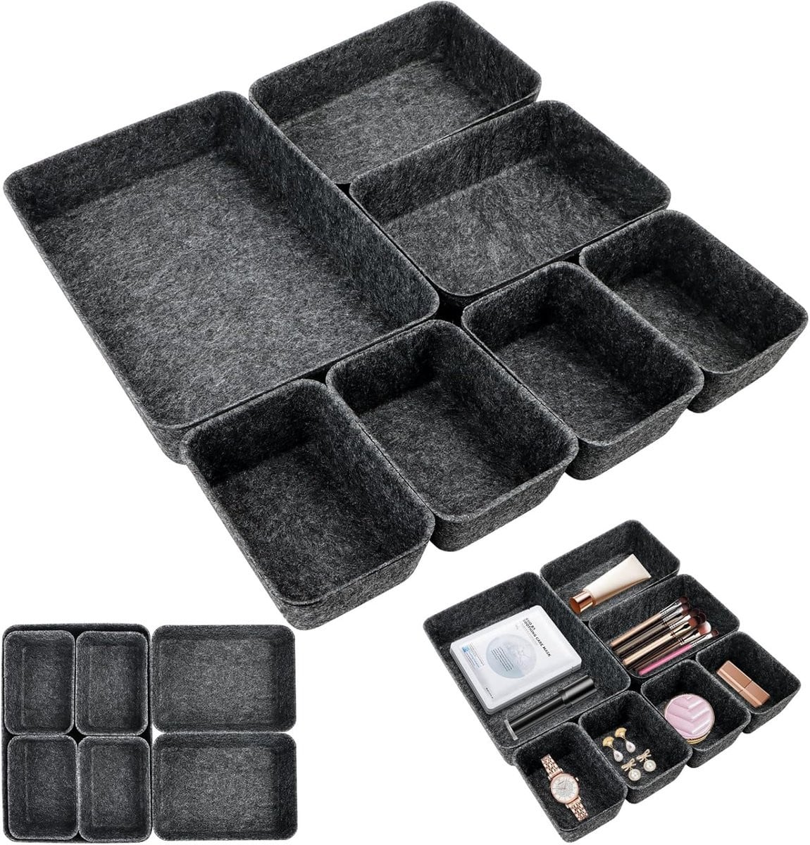 SnelShoppen 7-delige Set Lade Organizer Vilt, Stapelbare Opbergdozen met 3 Maten voor Bureau, Makeuptafel of Nachtkastje
