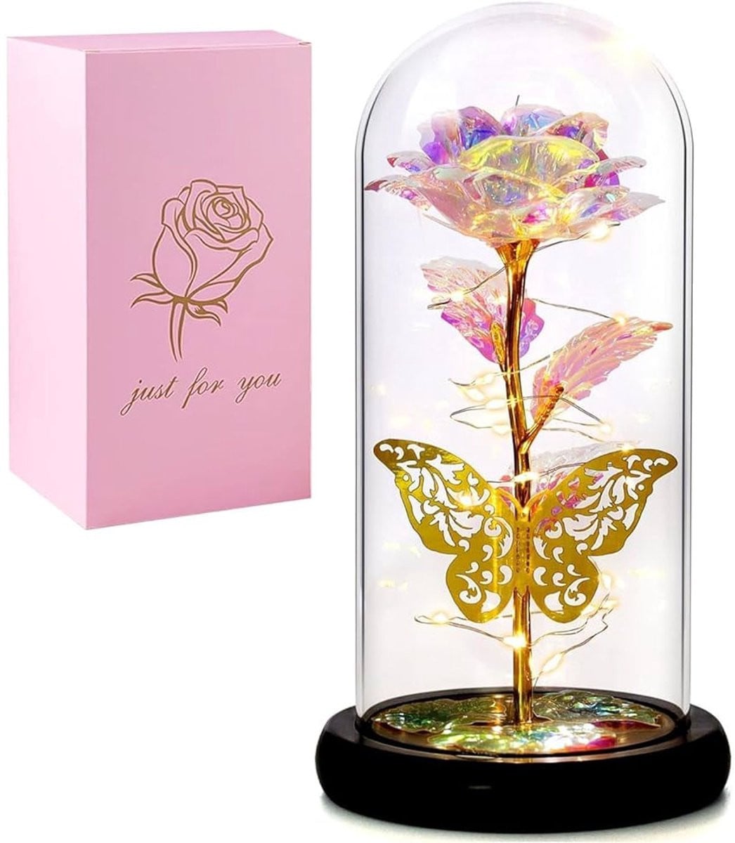 Roos in glazen stolp met warme LED-verlichting - Roze kunstroos - 21,5 x 11 cm