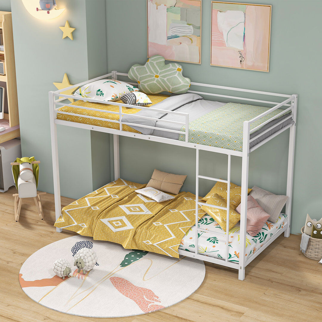 Borough Wharf Metal Bunk Bed Low Profile Single Over Single Bunk Beds w/Ladder White