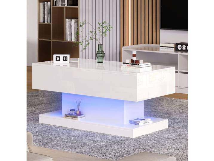 Table basse relevable SENVIRO avec LED rangement intégré finition brillante 100x50x45cm blanc