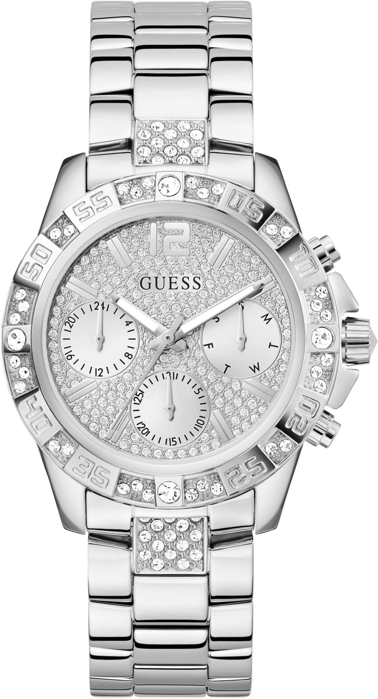Multifunktionsuhr GUESS "MAJESTY", silber (silberfarben, silberfarben), Armbanduhren, Damen, silberfarben, Multifunktionsuhr, Quarzuhr, Armbanduhr, Damenuhr, Datum, Edelstahlarmband