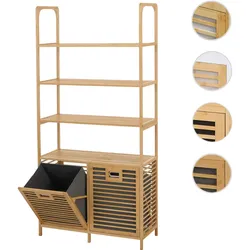 Bambus-Badezimmerschrank HWC-N83, Regal Badschrank, 2 Wäschekörbe 4 Regalböden MVG 168x81x33cm ~ natur, Korb grau