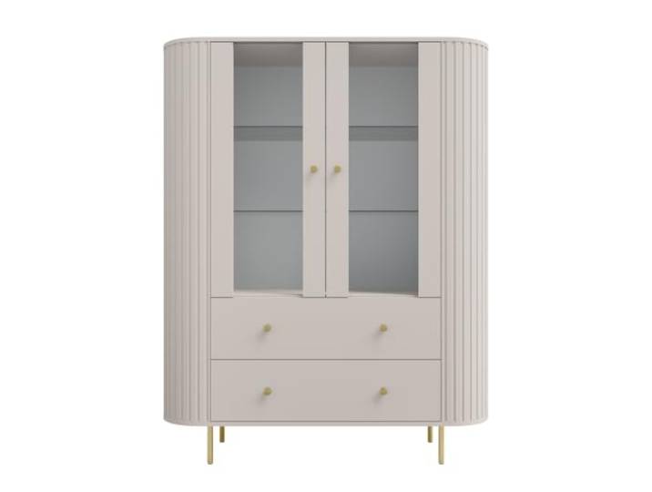 Margaret Hadas24 Olivia Vitrine 123 cm Sandbeige Moderne Vitrine mit Glastüren, 2 Schubladen und geriffeltem Design